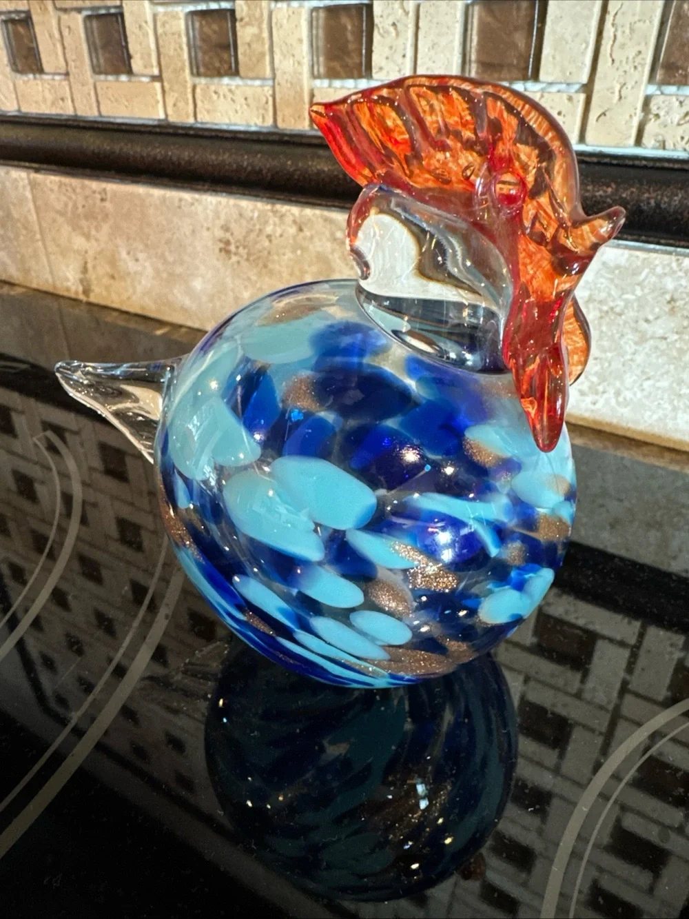 HQT Hand Made Art Glass Beautiful Blues and Gold Chicken / Rooster, 4 1/2